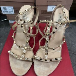 Valentino Beige and Gold crystal rockstud Strappy Sandals